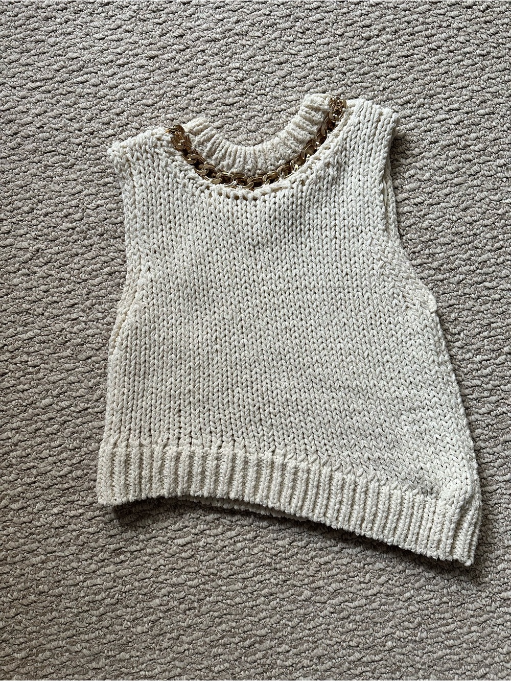 Zara Cream Sleeveless Knit Top with Gold Chain Trim